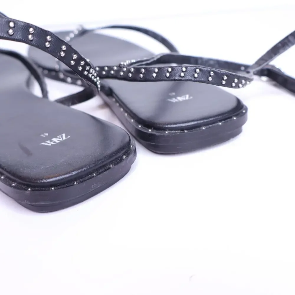 ZARA Studded Flat Wrap Sandals Silver Black Leather Women's 41/US 10 - Picture 4 of 8